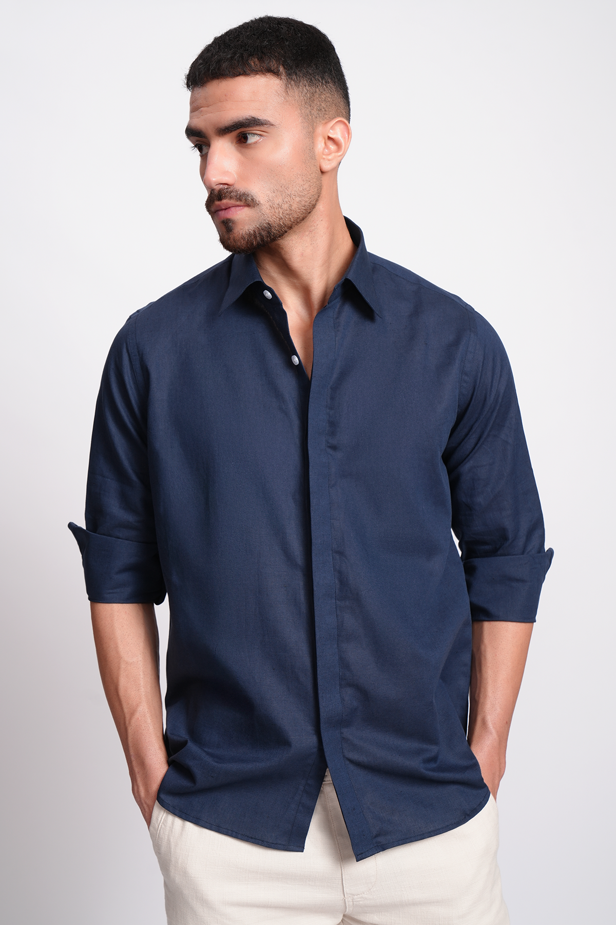 Blue Linen Relaxed Fit Shirt With Invisible Placket