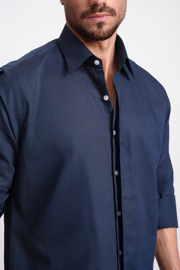 BLUE LINEN RELAXED FIT SHIRT WITH INVISIBLE PLACKET