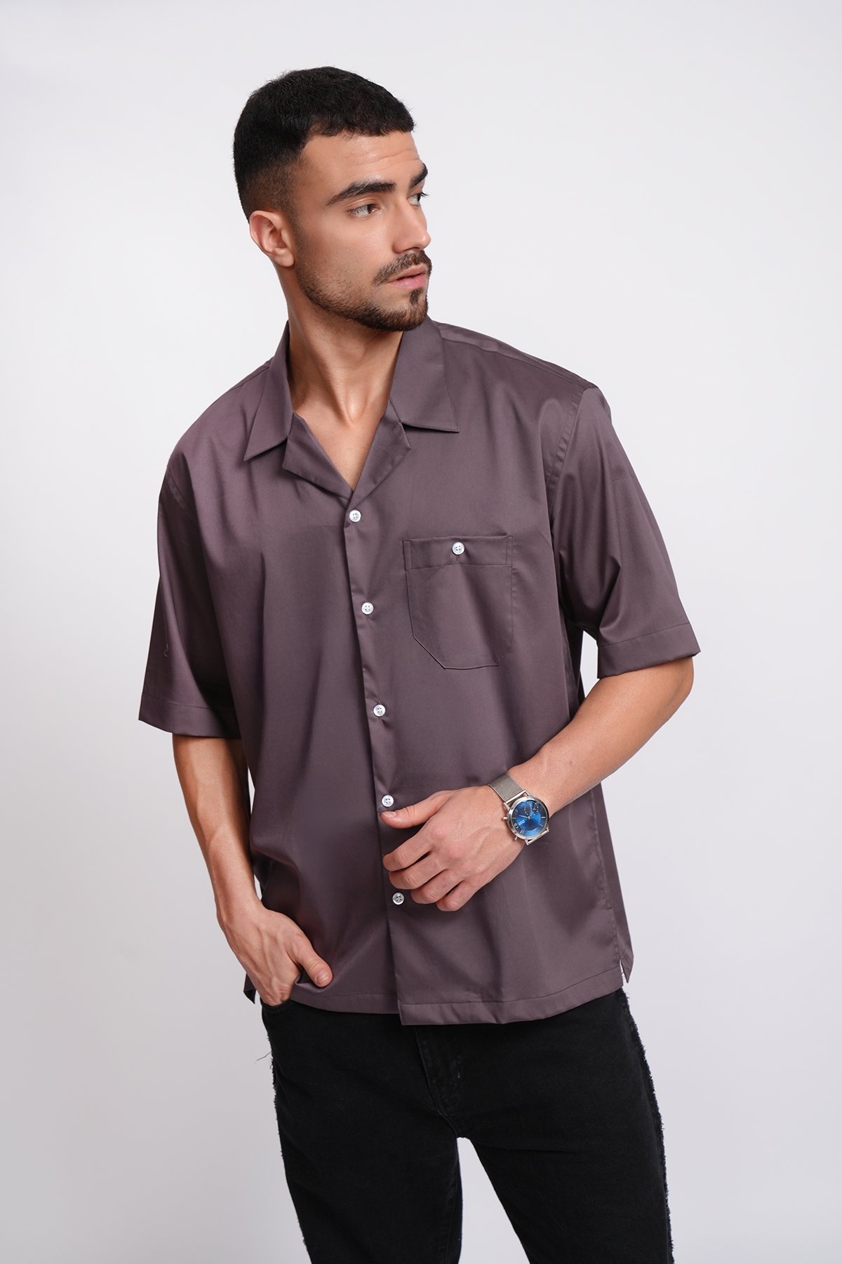 WINE GREY CUBAN COLLAR HALF SLEEVE OVERSIZED SHIRT