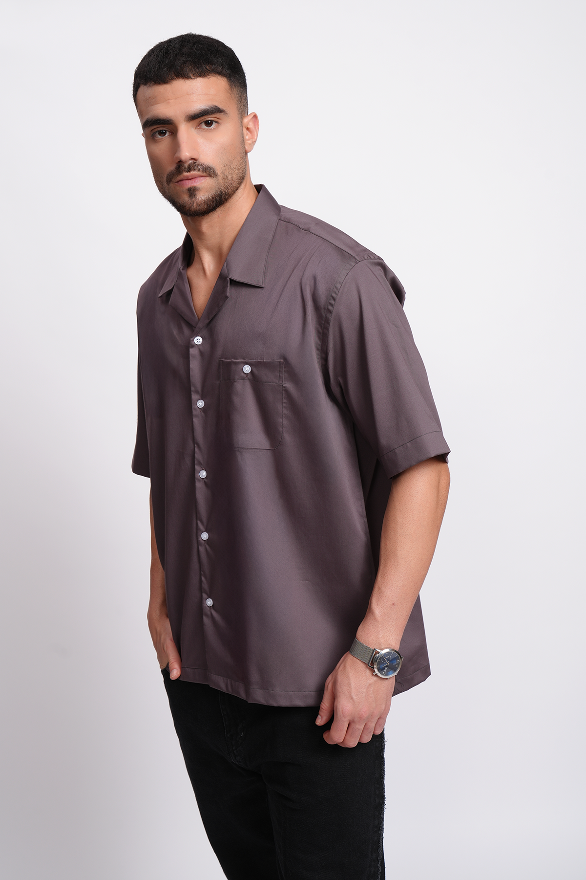 WINE GREY CUBAN COLLAR HALF SLEEVE OVERSIZED SHIRT