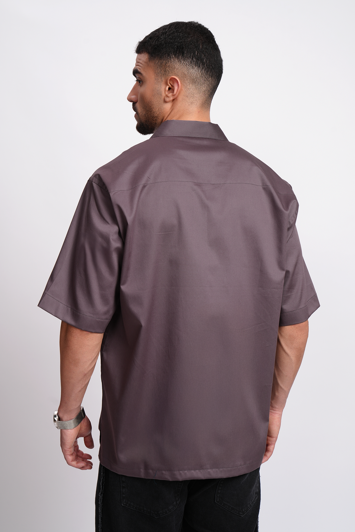 WINE GREY CUBAN COLLAR HALF SLEEVE OVERSIZED SHIRT